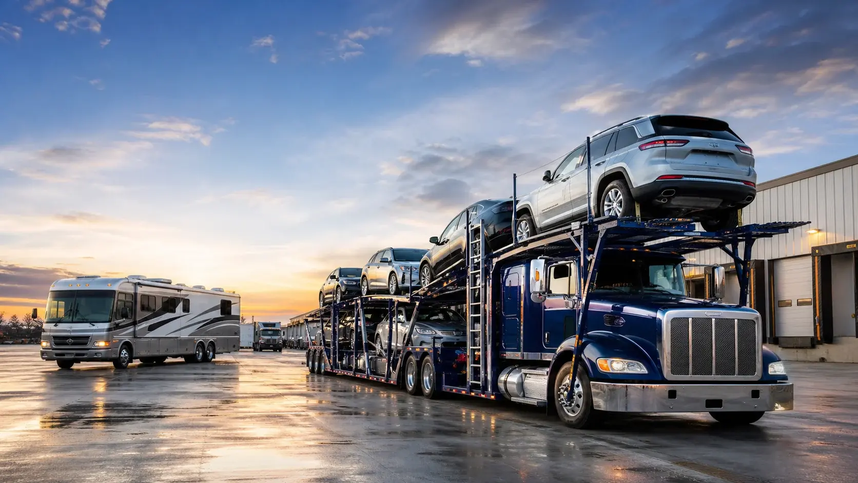 A Distribution Network car carrier loaded with vehicles beside a motorhome at a logistics yard